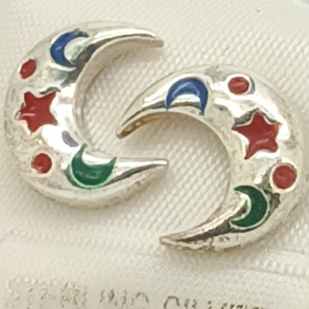 Vintage Sterling Silver Enameled Crescent Moon Star Stud Earrings Celestial 925